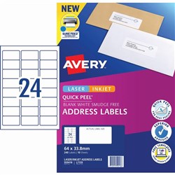 Avery Address Labels L7159 24UP Quick Peel 64 x 33.8mm White 240 Labels 10 Sheets