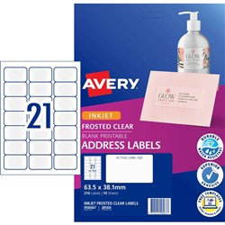 Avery Inkjet Frosted Clear Label 21UP 63.5x38.1mm 210 Labels, 10 Sheets