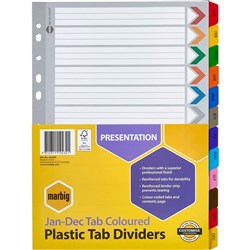 Marbig Plastic Tab Dividers A4 Reinforced Jan-Dec Tab Multi Colour