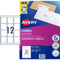 Avery Quick Peel Address Laser Labels L7164 63.5x72mm White 1200 Labels, 100 Sheets