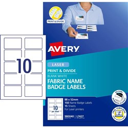 Avery Fabric Print & Divide Name Badge Laser Labels L7427 88x52mm 150 Labels, 15 Sheets