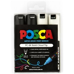 Uni PC-8K Posca Paint Marker 8.0mm Chisel Black and White Pack of 4