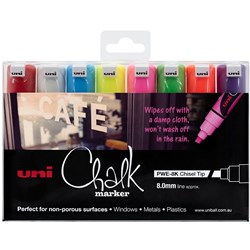 Uni Liquid Chalk Marker Chisel Tip 8mm Assorted Colours Pack of 8