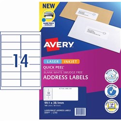 Avery Address Labels L7163 14UP Quick Peel 99.1 x 38.1mm White 140 Labels 10 Sheets