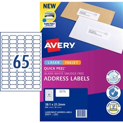 Avery Address Labels L7651 65UP Quick Peel 38.1 x 21.2mm White 650 Labels 10 Sheets