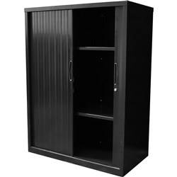 Go Steel Tambour Door Storage Cupboard Includes 2 Shelves 1016Hx 1200Wx 473mmD Black