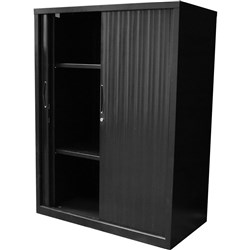 Go Steel Tambour Door Storage Cupboard Includes 2 Shelves 1200Hx 1200Wx 473mmD Black