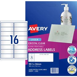 Avery Address Labels L7562 16UP Laser 99.1x34mm Crystal Clear 160 Labels 10 Sheets
