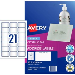 Avery Address Labels L7560 21UP Laser 63.5x38.1mm Crystal Clear 210 Labels 10 Sheets