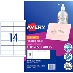 Avery Inkjet Frosted Clear Label 14UP 99.1x38.1mm 140 Labels, 10 Sheets