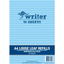 Writer Loose Leaf Refills A4 8mm Ruled Reinforced Pack of 50