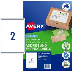 Avery Eco Friendly Labels 2UP White 199.6 x 43.5 mm Pack 20 sheets