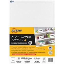 Avery Classroom Labels Multi-Purpose 1UP Removable 199.6x289.1 mm 20 Sheets