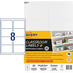 Avery Classroom Labels Multi-Purpose 8UP Removable 99.1x67.7mm 20 Sheets