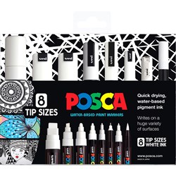 Uni Posca Paint Marker Assorted Tip Sizes White Wallet of 8