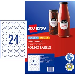 Avery Multi-Purpose Labels 24UP 40mm Round Gloss White Pack of 10 Sheets