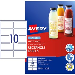 Avery Durable Laser Labels 10UP 96x51mm Rectangle White Matt Vinyl Pack of 10 Sheets