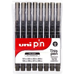 Uni Pin 200 Fineliner Drawing Pens Assorted Tip Sizes Black Wallet of 8