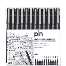 Uni Pin 200 Fineliner Drawing Pens Assorted Tip Sizes Black Wallet of 12