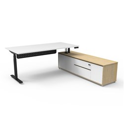 Halo+ Executive Desk + Panel RHS Cabinet Height Adjustable 2020W x 2011D White/Blk