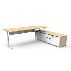 Halo+ Executive Desk + Panel RHS Cabinet Height Adjustable 2270W x 1936D Oak/White