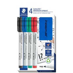 Staedtler 341 Lumocolor Whiteboard Markers Bullet 1-2mm + Eraser Assorted Pack 4