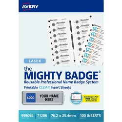 Avery Mighty Badge Printable Inserts Laser Clear 71206 76.2 x 25.4 mm 20UP 100 Inserts