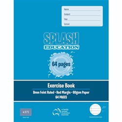 Splash Education Exercise Book 225 x 175mm 8mm Ruled With Red Margin 64 Page