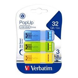 Verbatim PopUp USB 2.0 Drive 32GB Brights Pack Of 3