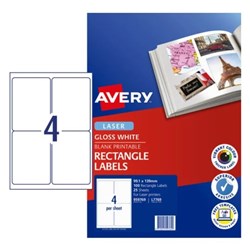 Avery Colour Laser Label Gloss White L7769 99.1x139mm 4UP 100 Labels 25 Sheets