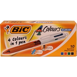 Bic 4 Colour Ballpoint Pen Retractable Fine 0.7mm Grip Barrel Pack of 10