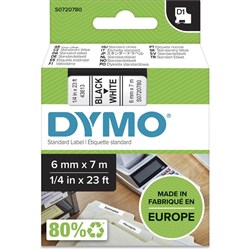 Dymo D1 Label Cassette Tape 6mmx7m Black on White