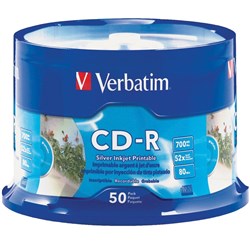 Verbatim Recordable CD-R 80Min 700MB 52X Printable Inkjet Silver Pack of 50