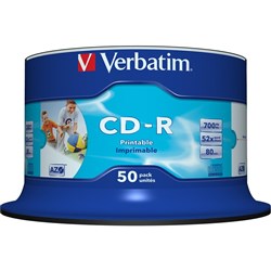 Verbatim Recordable CD-R 80Min 700MB 52X Printable Inkjet  Pack of 50 White