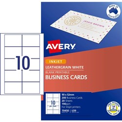 Avery Business Cards IJ39 10UP Inkjet 90 x 52mm Leathergrain Matt White 200 Cards 20 Sheets