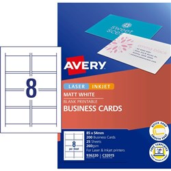 Avery Business Cards C32015 8UP Double Sided 85 x 54mm Matt White 200 Cards 25 Sheets