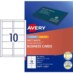 Avery Business Cards C32011 10UP Multi-Purpose 85 x 54mm Matt White 250 Cards 25 Sheets
