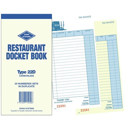 Zions 22D Docket Book Restaurant Carbonless Duplicate 200x100mm