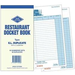 Zions ELD Docket Book Restaurant Duplicate Carbon 200x100mm 22 Lines