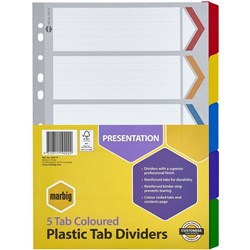 Marbig Plastic Divider A4 Reinforced 5 Tab Multi Colour