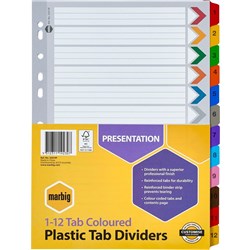 Marbig Plastic Divider A4 Reinforced 1-12 Tab Multi Colour