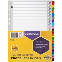Marbig Plastic Divider A4 Reinforced 1-20 Tab Multi Colour