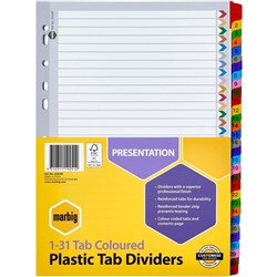 Marbig Plastic Divider A4 Reinforced 1-31 Tab Multi Colour
