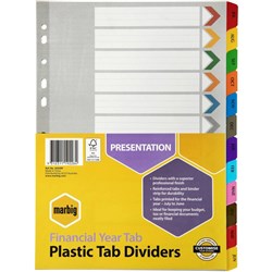 Marbig Plastic Divider A4 Reinforced Financial Year Tab Multi Colour