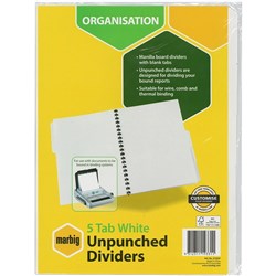 Marbig Manilla Divider A4 5 Tab Unpunched White