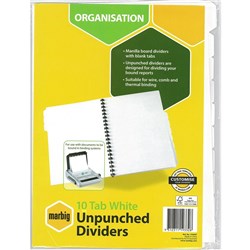Marbig Manilla Divider A4 10 Tab Unpunched White