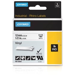 Dymo 18444 Rhino Industrial Labels 12mm x 5.5m Vinyl Black on White