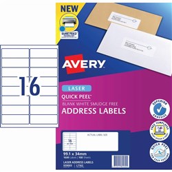 Avery Quick Peel Address Laser Labels L7162 99.1x34.2mm White 1600 Labels, 100 Sheets