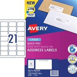 Avery Quick Peel Address Laser Labels L7160 63.5x3 8.1mm White 2100 Labels, 100 Sheets