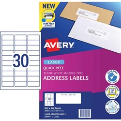 Avery Quick Peel Address Laser Labels L7158 64x26.7mm White 3000 Labels, 100 Sheets
